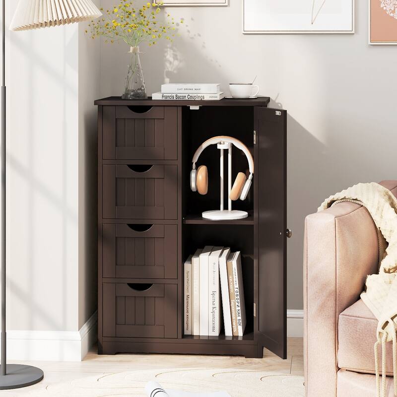 Gymax Bathroom Floor Storage Cabinet Wooden Freestanding Bathroom - See Details