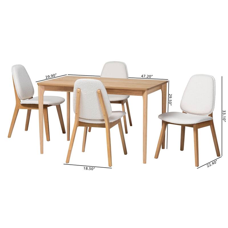 Hudson 5-Piece Dining Set - Solid Wood Table with Boucle Upholstered Chairs, Mid-Century Modern Dining Furniture