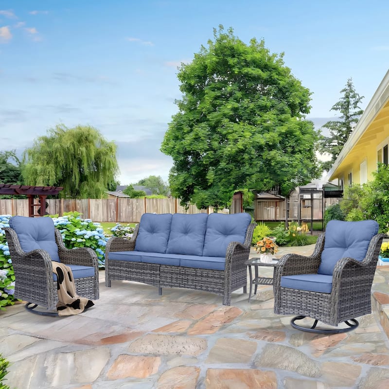 Rattan Wicker Outdoor Patio Furniture Set Swivel chairs with Cushions - 4 Piece - Denim Blue/Gray Wicker
