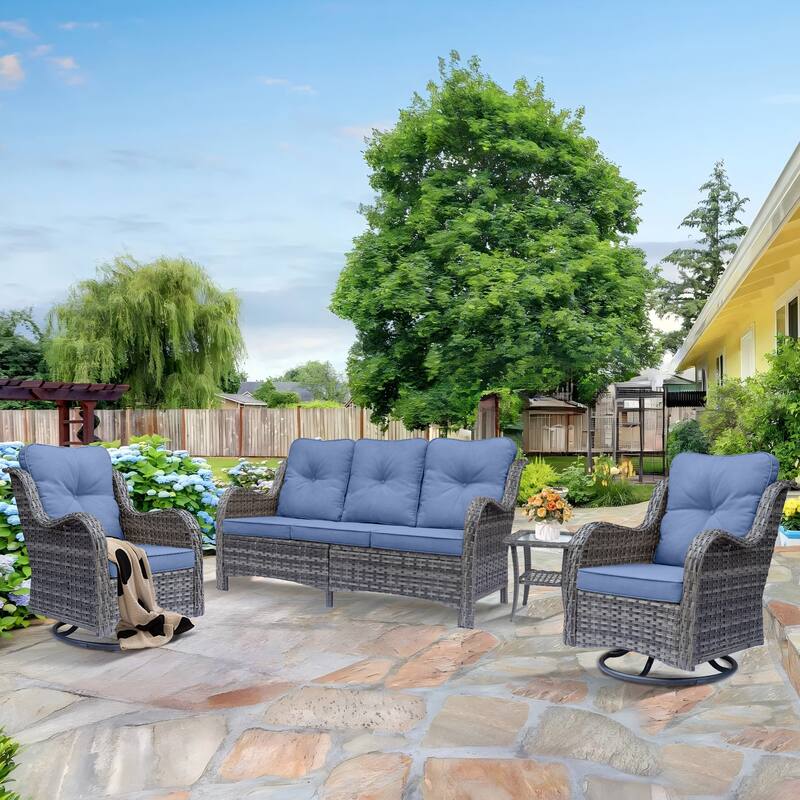 Outdoor Patio Wicker Furniture Swivel Rocker Chairs Set with Cushions - 4 Piece - Denim Blue
