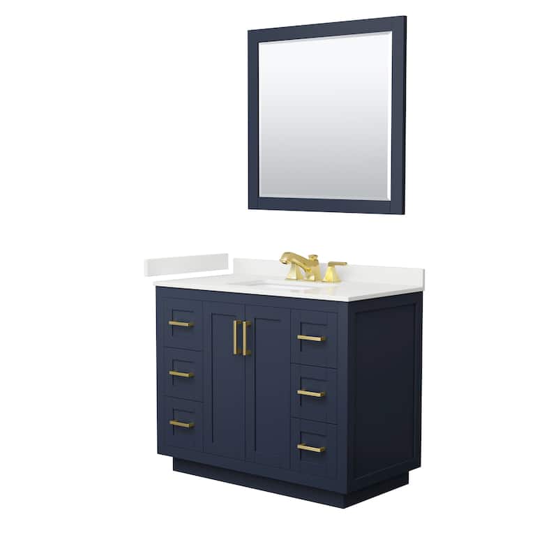 Miranda 42-inch Single Vanity, Quartz Top, 34-inch Mirror - Dark Blue, Gold Trim, White Quartz Top