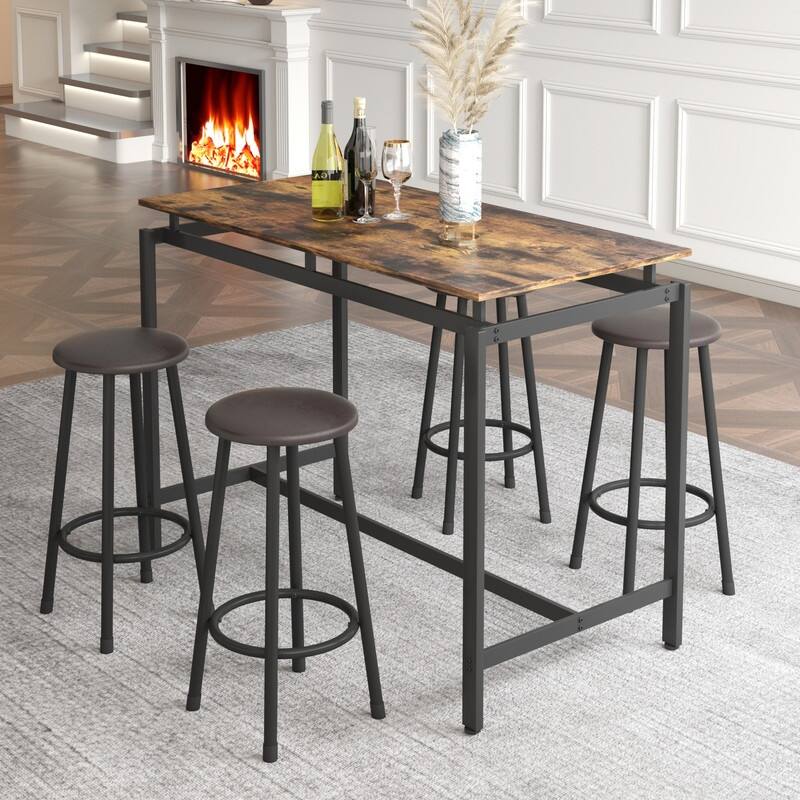 5-Piece Kitchen Counter Height Table Set, Bar Table with 4 Stools - Brown+Black