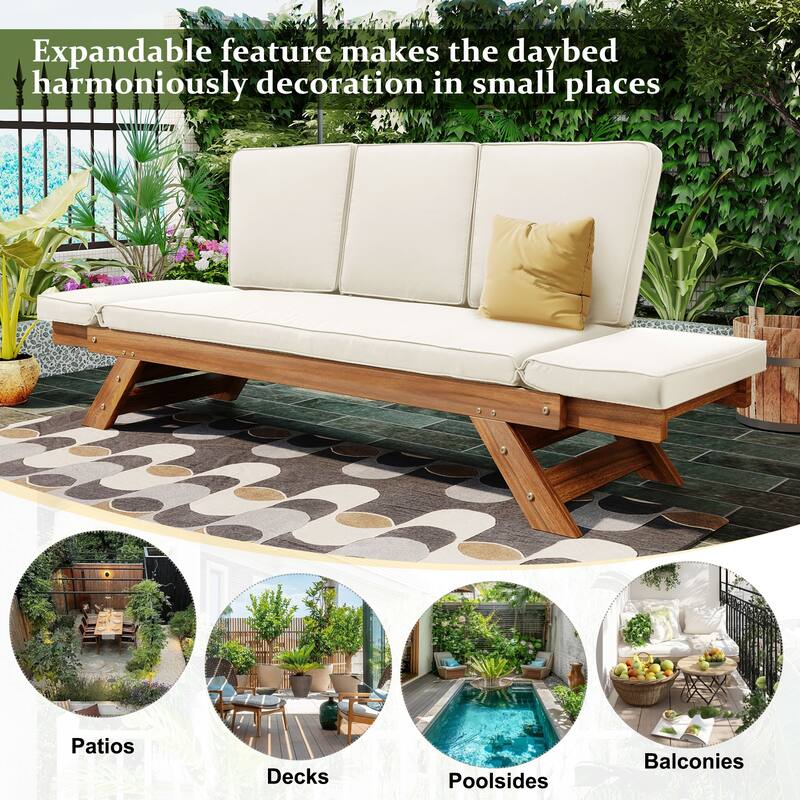 Outdoor Acacia Wood Adjustable Daybed Sofa with Cushions, Expandable Patio Chaise Lounge for Small Spaces, Deck or Balcony