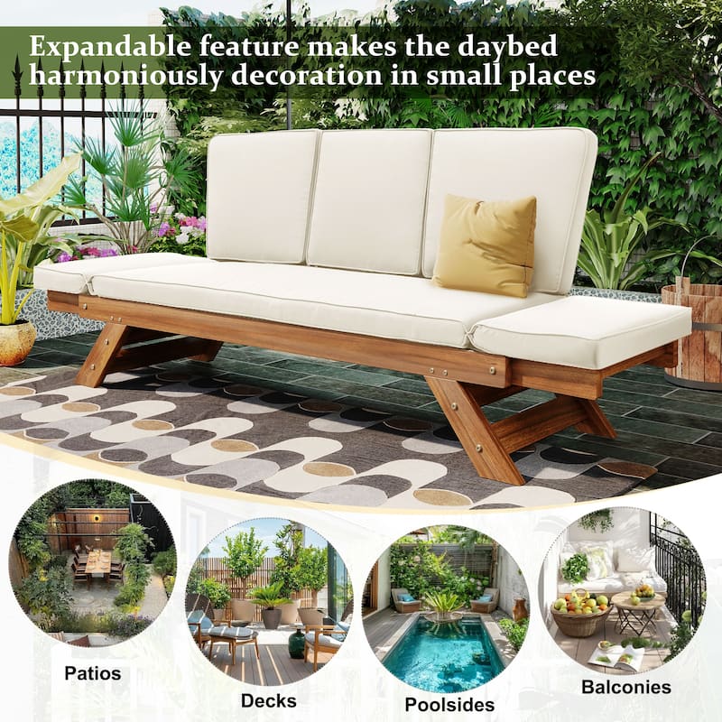 Outdoor Adjustable Patio Wooden Daybed Sofa Chaise Lounge with Cushions for Small Places, Natural Finish+Beige Cushion