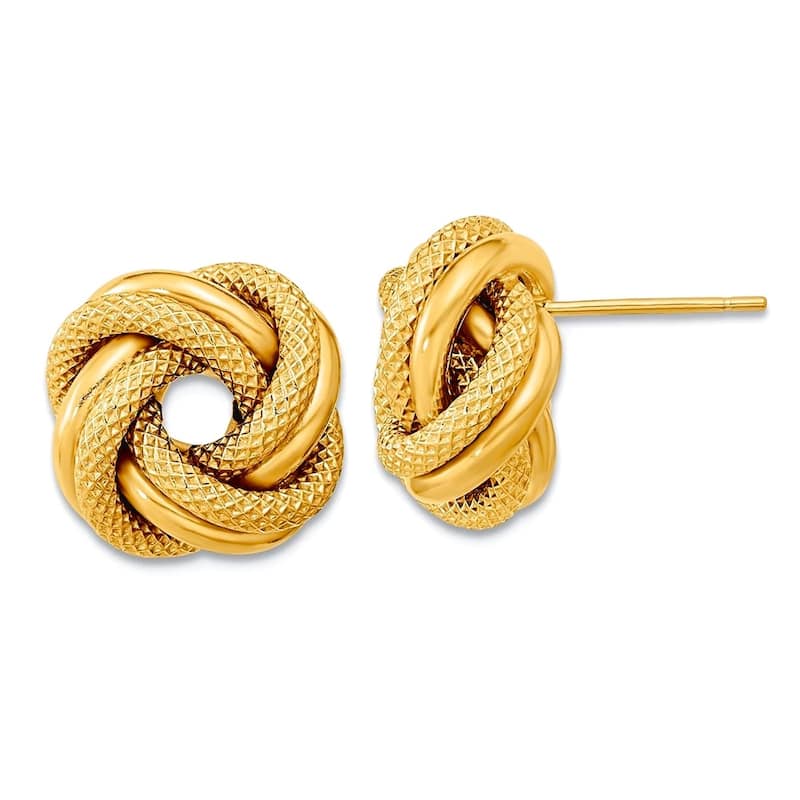 Curata 14k Yellow or White Gold 13.5mm Textured Double Love Knot Post Earrings - Yellow Gold