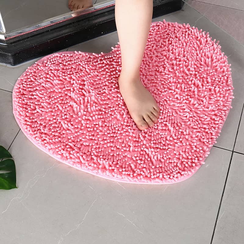 Heart Shaped Chenille Bath Rugs Soft Absorbent Shaggy Bath Mats Non-Slip Plush Bath Carpet for Shower, Bedroom, Bathtub - Pink - 28" x 32"