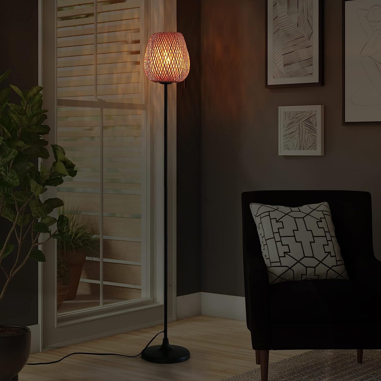 Rattan Bamboo Woven Japanese Floor Lamp Contemporary Boho Ambient Wicker Standing Light Plug in Cord for Living Room Black On Sale Bed Bath Beyond 38139568