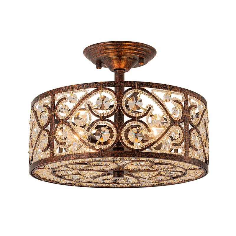 Spanish Vintage Crystal Bronze Drum Semi Flush - 13in