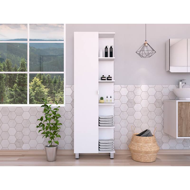 Corner Cabinet Womppi, Five Open Shelves, Single Door, White Finish,High quality and durable