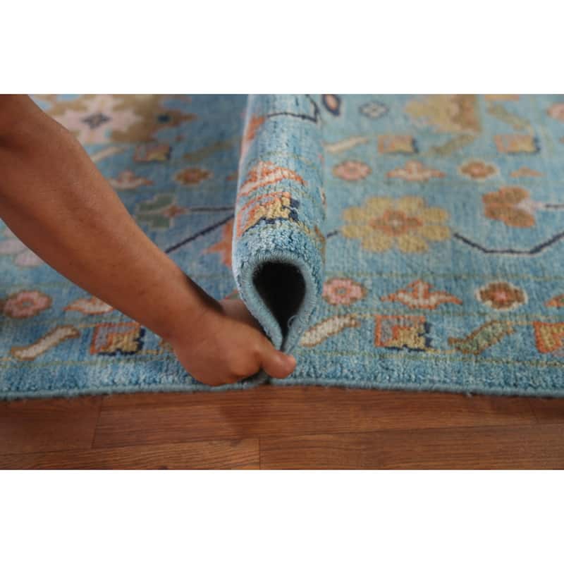 All-Over Blue Floral Oushak Indian Area Rug Handmade Wool Carpet - 8'9"x 12'0"