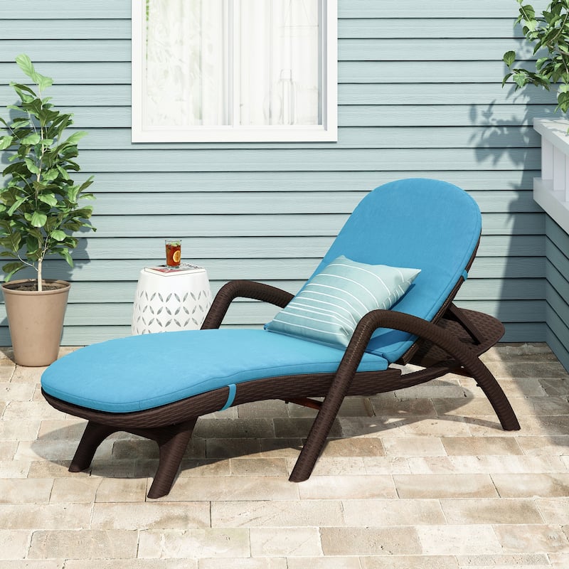 Outdoor Chaise Lounge Chair with Cushion, Adjustable Backrest Recliner Sun Lounger - Dark Brown+Blue