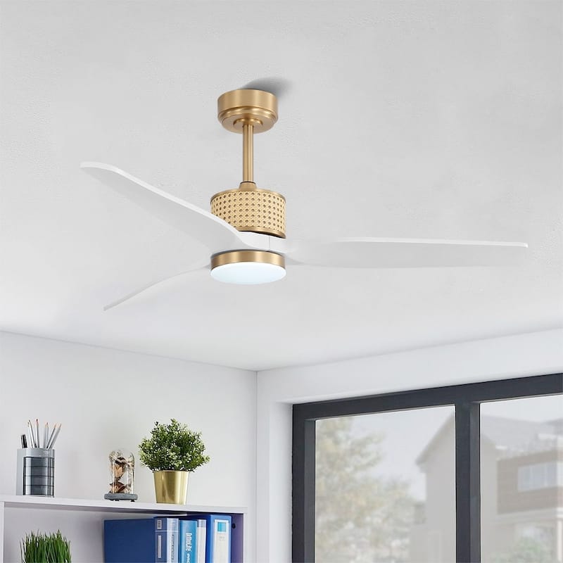 MLiAN 52 In. 3 Solid Wood Indoor Ceiling Fan with Light Kit - 52" - Gold and White
