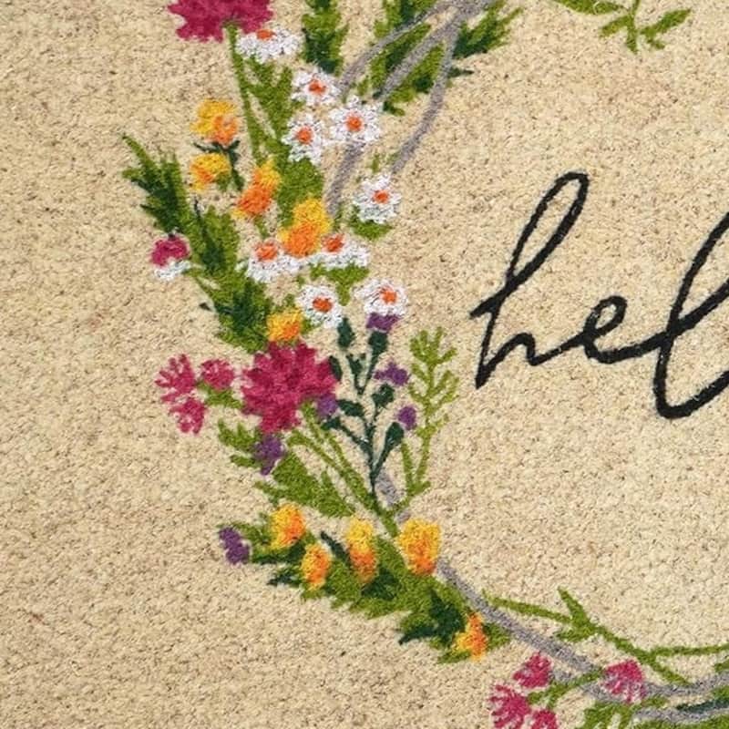 HomeRoots 24" X 36" Brown Green And Black Floral Hello Outdoor Coir Door Mat - 24.00' X '36.00