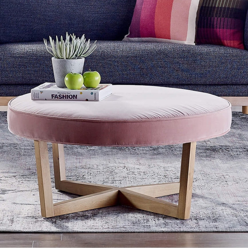 Ottoman, Pouf, Footrest, Foot Stool, 12 Round, Velvet, Wood Legs, Pink,  Natural,, 1 - Fred Meyer