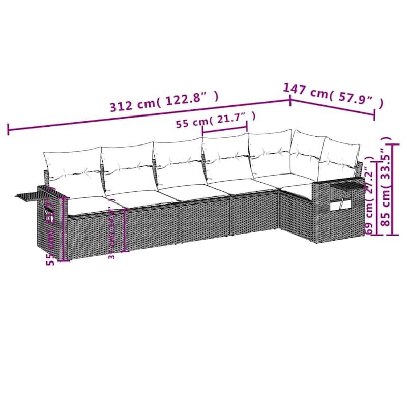 vidaXL Patio Sofa Set with Cushions Outdoor Conversation Furniture Poly Rattan - 24.4 x 24.4 x 27.2