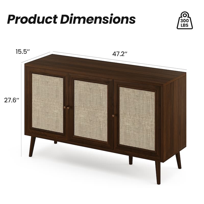 Sideboard Buffet Cabinet with 3 Rattan Doors,Modern Kitchen Storage Console Cabinet for Entryway Living Room (Small)