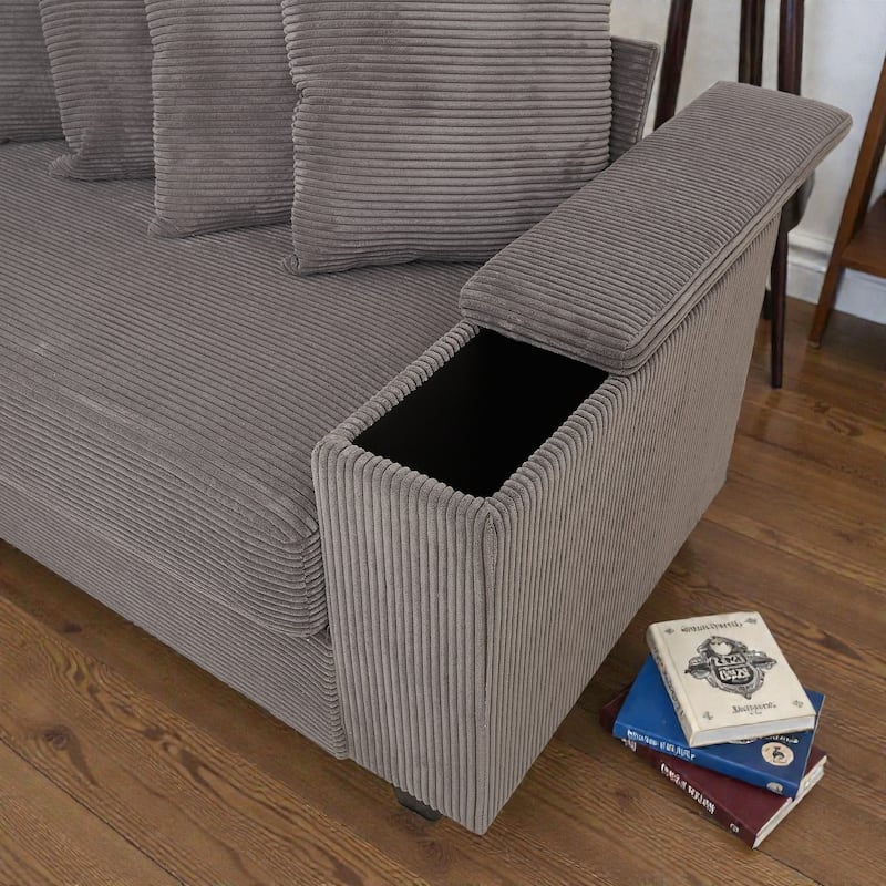 Oversized L Shaped Sectional Sofa with Chaise, Corduroy Upholstered Couch with Armrest Storage and Ottoman