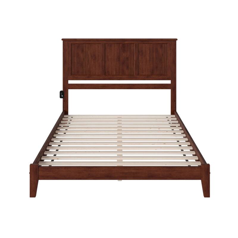 Low Profile Queen Bed - Urban Oasis Platform Bed with Charger - Solid Wood Frame - Walnut Finish