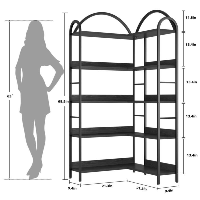 Corner Bookshelf, 5-Tier L-Shaped Modern Bookcase, Industrial Bookcase