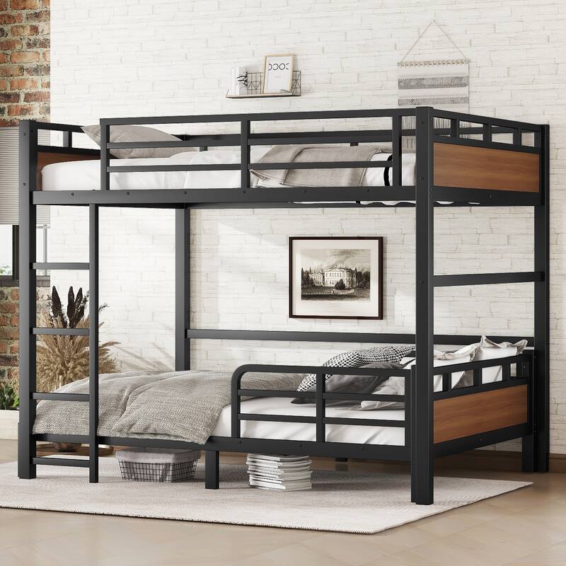 Roomfitters Twin/Full/Queen Metal Bunk Bed & Loft Bed with Raised Safety Fence, Convertible Platform Design, Vintage Wood
