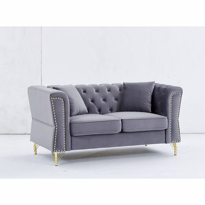 60.2" Chesterfield Velvet Sofa, 2-Seater Tufted Couch with Nailhead Trim and Metal Legs, Ideal for Living Room