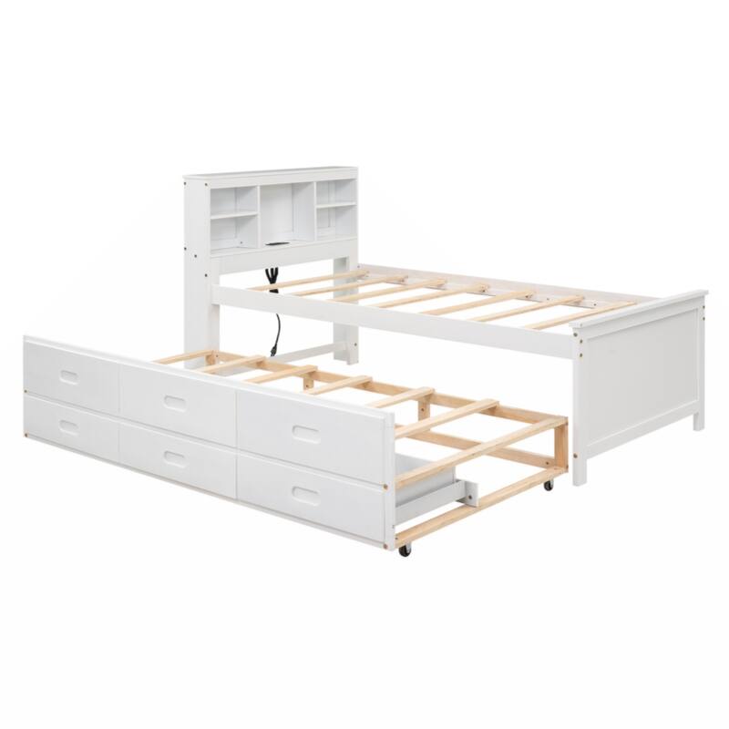 Twin Size Platform Bed with Storage Headboard, USB, Twin Size Trundle and 3 Drawers