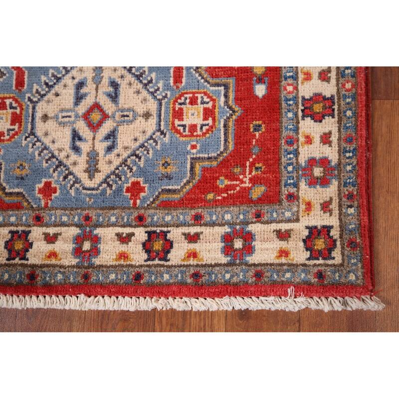 Blue Geometric Kazak Foyer Rug Handmade Traditional Wool Carpet - 2'1" x 2'11"