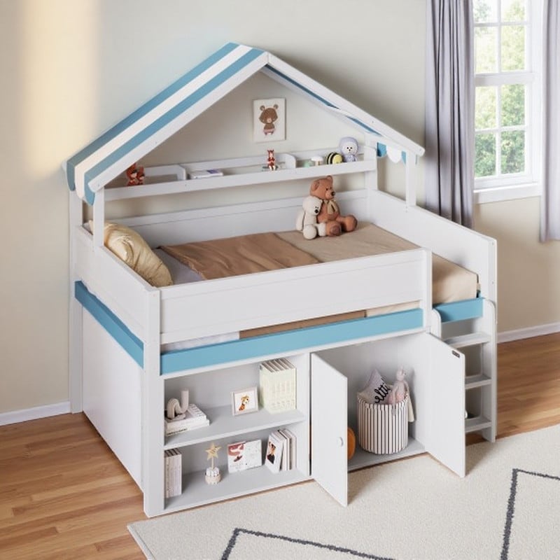 Full Size Wooden Loft Bed with House-Style Canopy Roof, Built-in Storage Cabinets & Shelving, Space-Saving Elevated Bed Frame