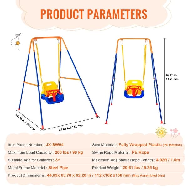 dimension image slide 0 of 2, 3 in 1 Outdoor Swing Sets with 4 Foldable Sandbags and Removable Seat Perfect Gift for Kids - 44.09"L x 63.76"W x 62.20"H