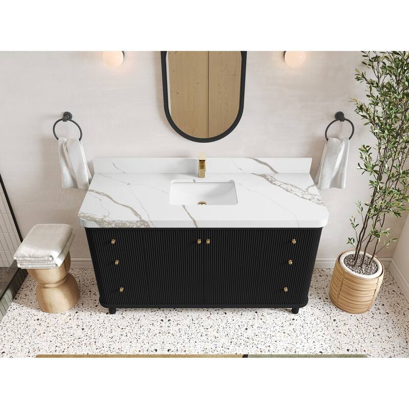 Willow Collections 60 in. W x 22 in. D Reeded Miami Single Bowl Sink Bathroom Vanity with Countertop - 2”Calacatta Gold - Black