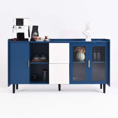 55 Inch Coffee Bar Storage Cabinet with 2 Drawers, 2 Open Storage Compartment and 2 Glass Doors for Kitchen, Living Room