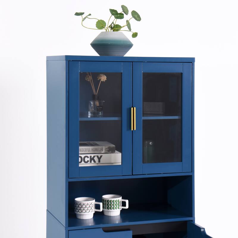 Tall Storage Show Cabinet with 2 Glass Display Door & 2 Doors, Kitchen Pantry Cabinet with Gold Handles，Cabinet Freestanding