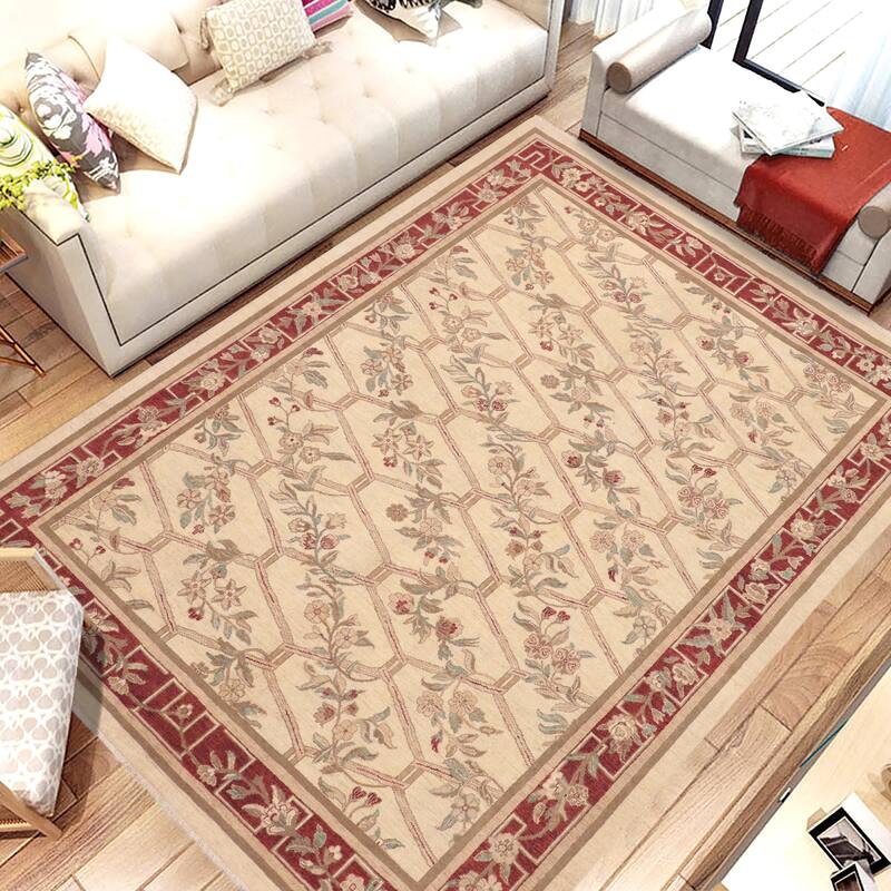 Hexagonal Trellis Floral Hand-Knotted Wool Area Rug