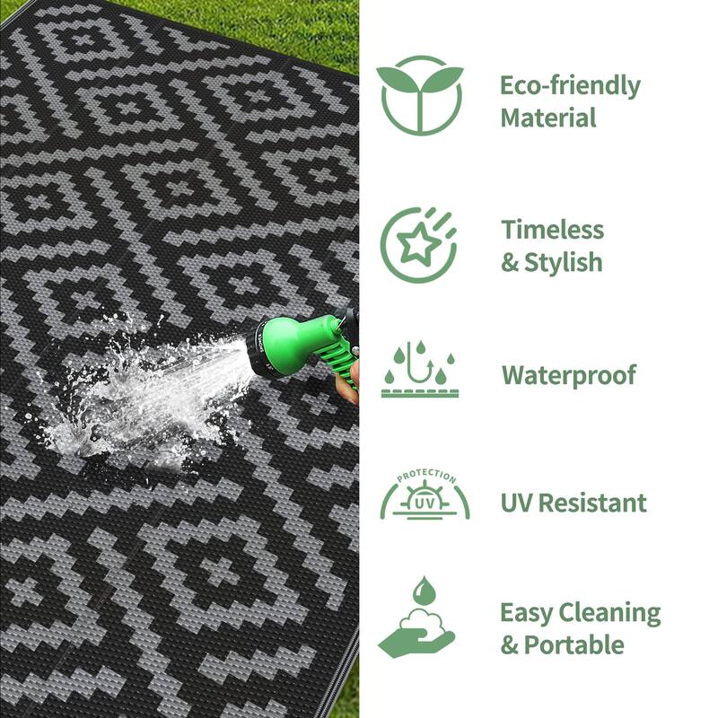 Reversible Charcoal Geometric Flat-Weave Recyclable Outdoor Rug