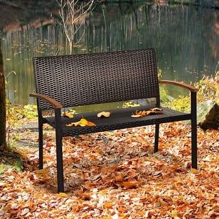 Gymax Patio Wicker Bench All Weather Rattan Chair Loveseat w/ Acacia - 45'' x 23.5'' x 34.5''