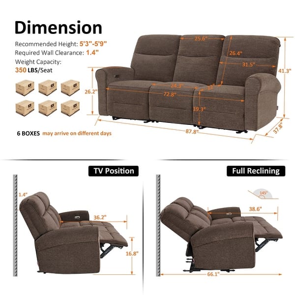 dimension image slide 0 of 16, MCombo 64.6" Wall Hugger Power Loveseat Fabric Recliner Sofa with USB Ports