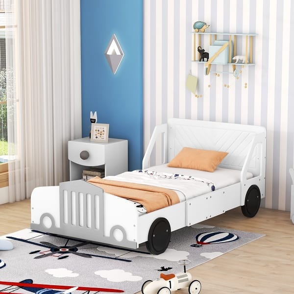 slide 2 of 18, Interesting Design Car-Shaped Platform Bed with Wheels, Suitable for Young Children and Kids White