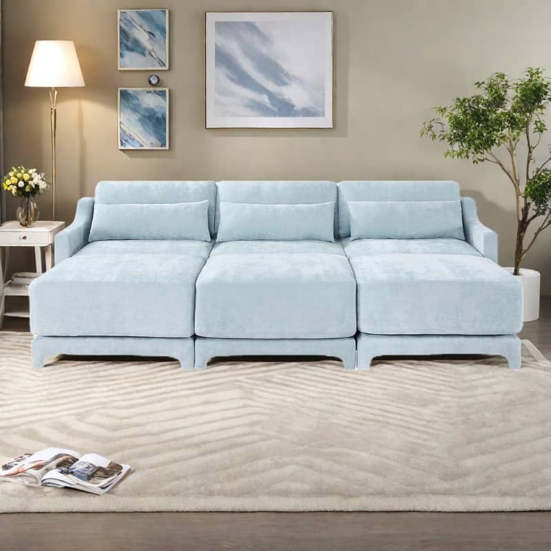 105.9" Chenille Ergonomic 3-Seater Sofa with 3 Movable Ottomans, Lumbar Pillow, and High-Resilience Sponge - Sky Blue