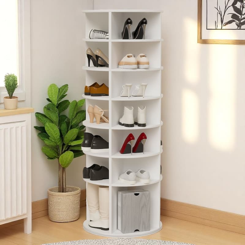 KISRAIS 360° Rotating Shoe Rack Tower, 7-Tier Spinning Shoe Rack, Fits 28 Pairs of Shoes (White) - White