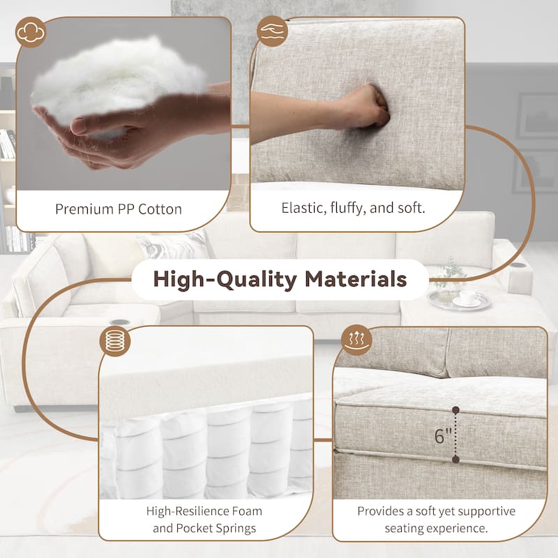 Roomfitters 119" U Shaped Sectional Sofa, 6 Seat Chenille Corner Couch with Deep Wide Seat and Chaise Lounge