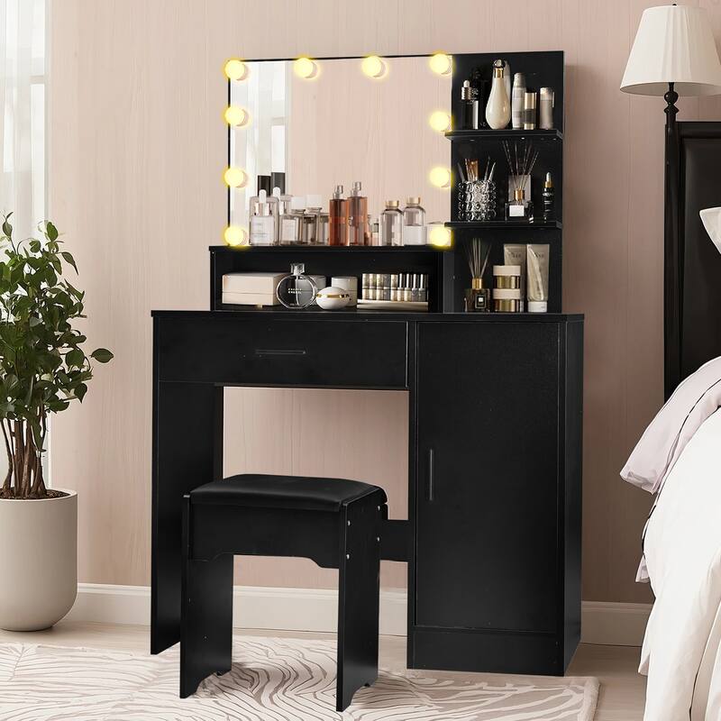 Vanity Desk with Mirror and Lights,with Drawer & Storage Cabinet,3 Adjustable Lighting Colors,with Open Shelves