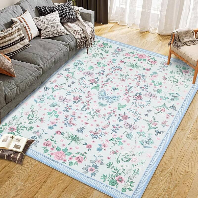 Modern Floral Machine Washable Indoor Waterproof Area Rug for Bedroom, Living Room, Blue - 2' x 3' - Blue 5*7ft