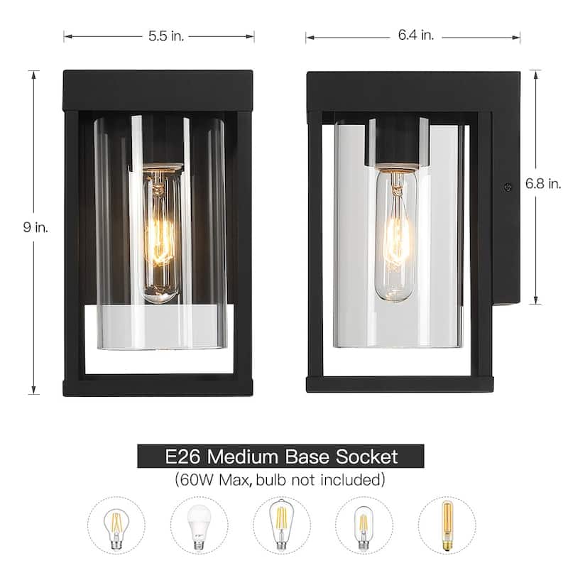 2-Pack Outdoor Black Exterior Wall Lantern Sconce Light with Clear Glass - 9"H