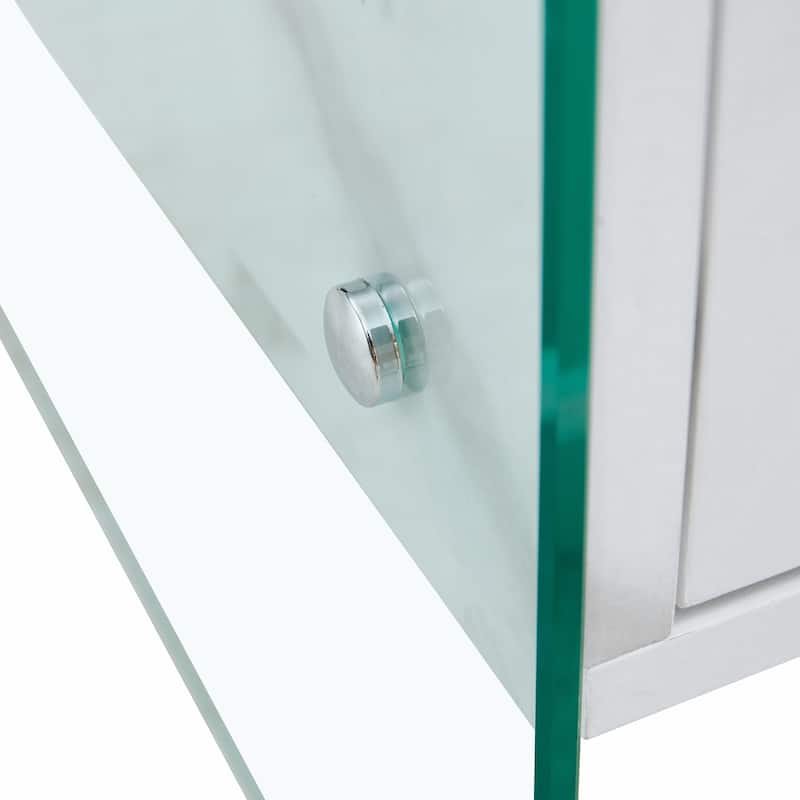 Double-Drawer Bedside Table:The Board Surface Is Mdf With White Grain Sticker,And Both Sides Are Transparent Tempered Glass
