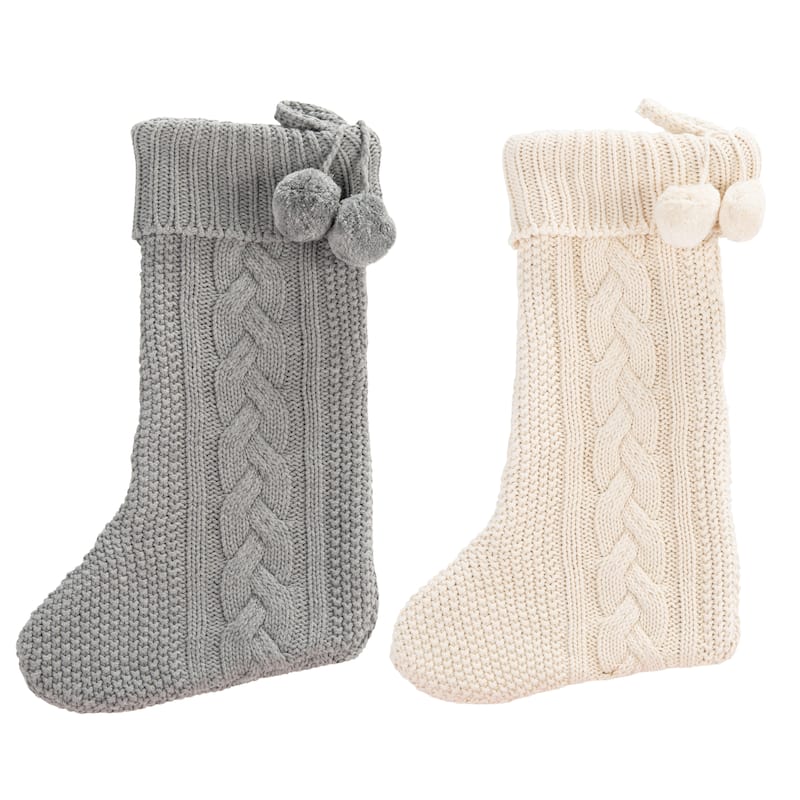 SAFAVIEH Holiday Bernardita Nutmeg Hanging Knit Pom-Pom Stocking (Set of 2) - 11" W x 19" L - 11Wx19D - Grey/White