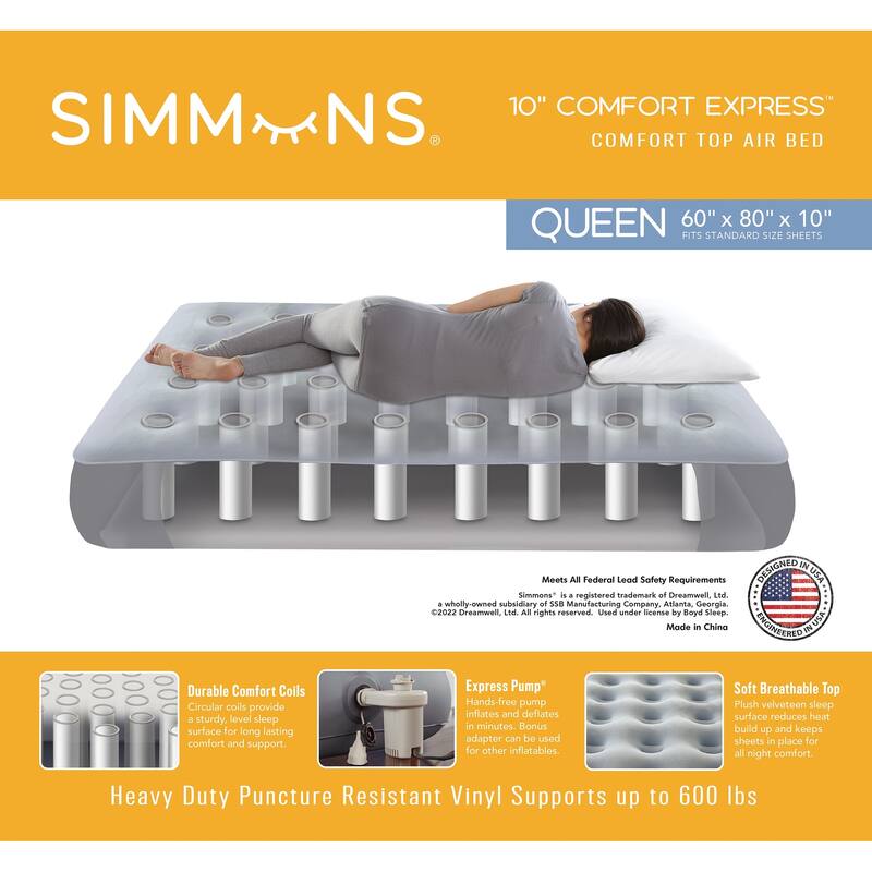 Simmons Comfort Express 10" Queen Size Air Mattress with Fast, Powerful Pump