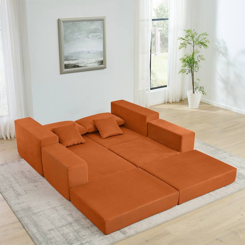 Folding Deep Seat Couch Modular L-shaped Sectional Sofa Corduroy Upholstered Sleeper Sofa Bed with Throw Pillows