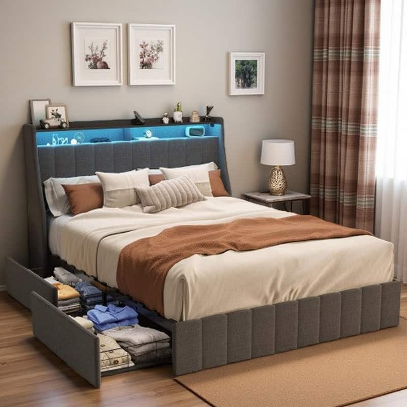 Queen Upholstered Bed with RGB LED Lights, Wingback Headboard, 4 Rolling Storage Drawers, Shelves, and Heavy-Duty Steel Frame - Queen DARK GREY - Queen