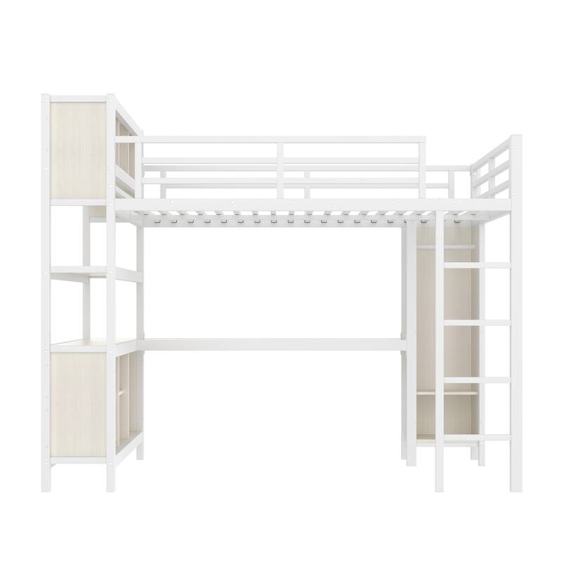 Metal Loft Bed with Wardrobe And L-shaped Desk, Queen Size Loft Bed with Storage Cubes and Shelves