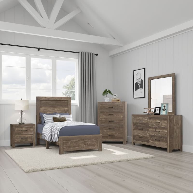 Ko Three Piece Full Size Bedroom Set, Panel Detailings, Black Metal Handles, Rustic Brown